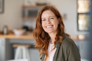 Smiling woman with perfect white teeth after cosmetic dental treatment, sitting in a modern Australian dental clinic.